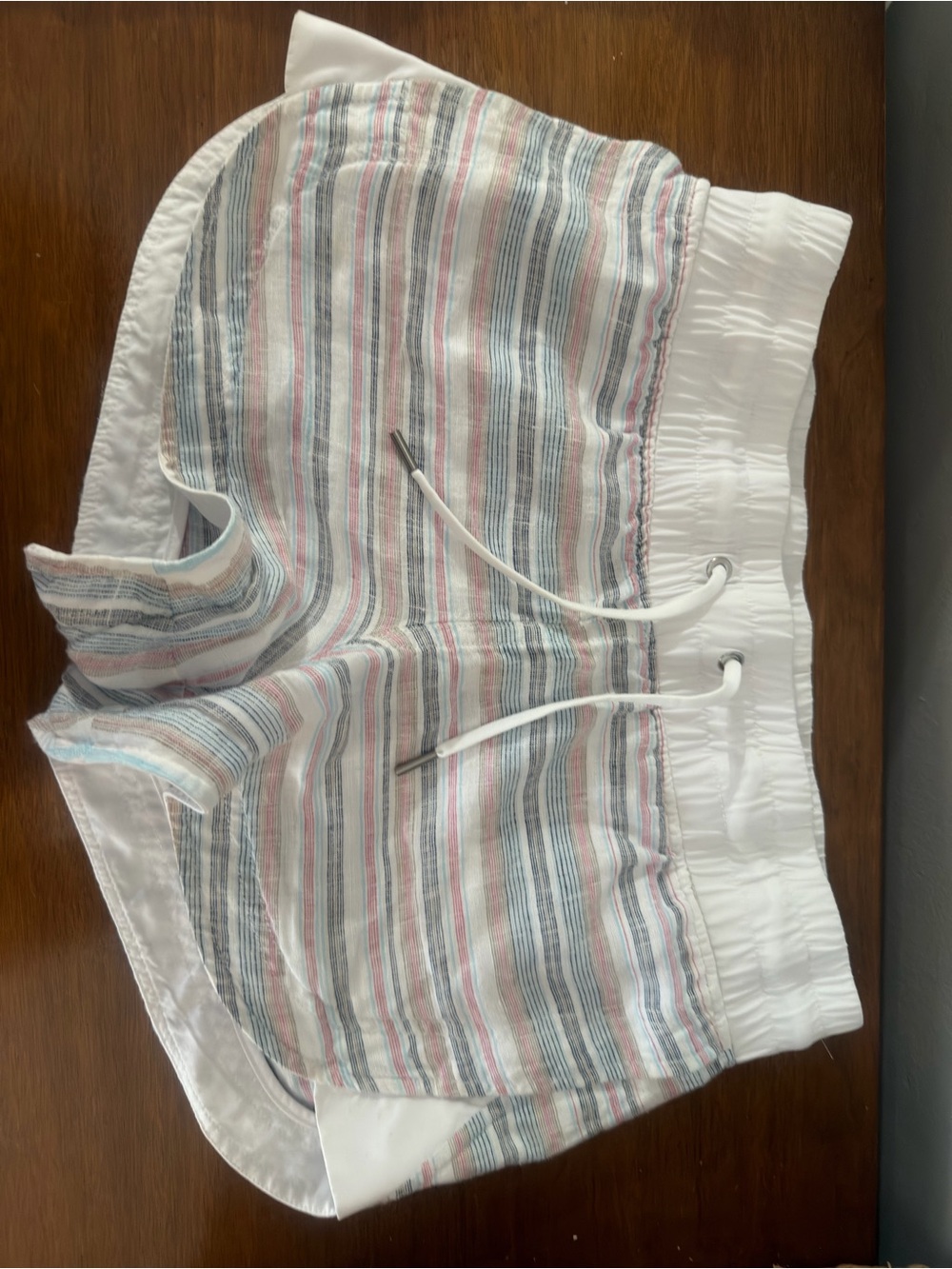 Athleta White Shorts with Blue, Pink, and Gray Stripes